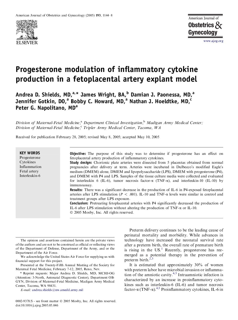 Progesterone modulation of inflammatory cytokine production in a fetoplacental artery explant model