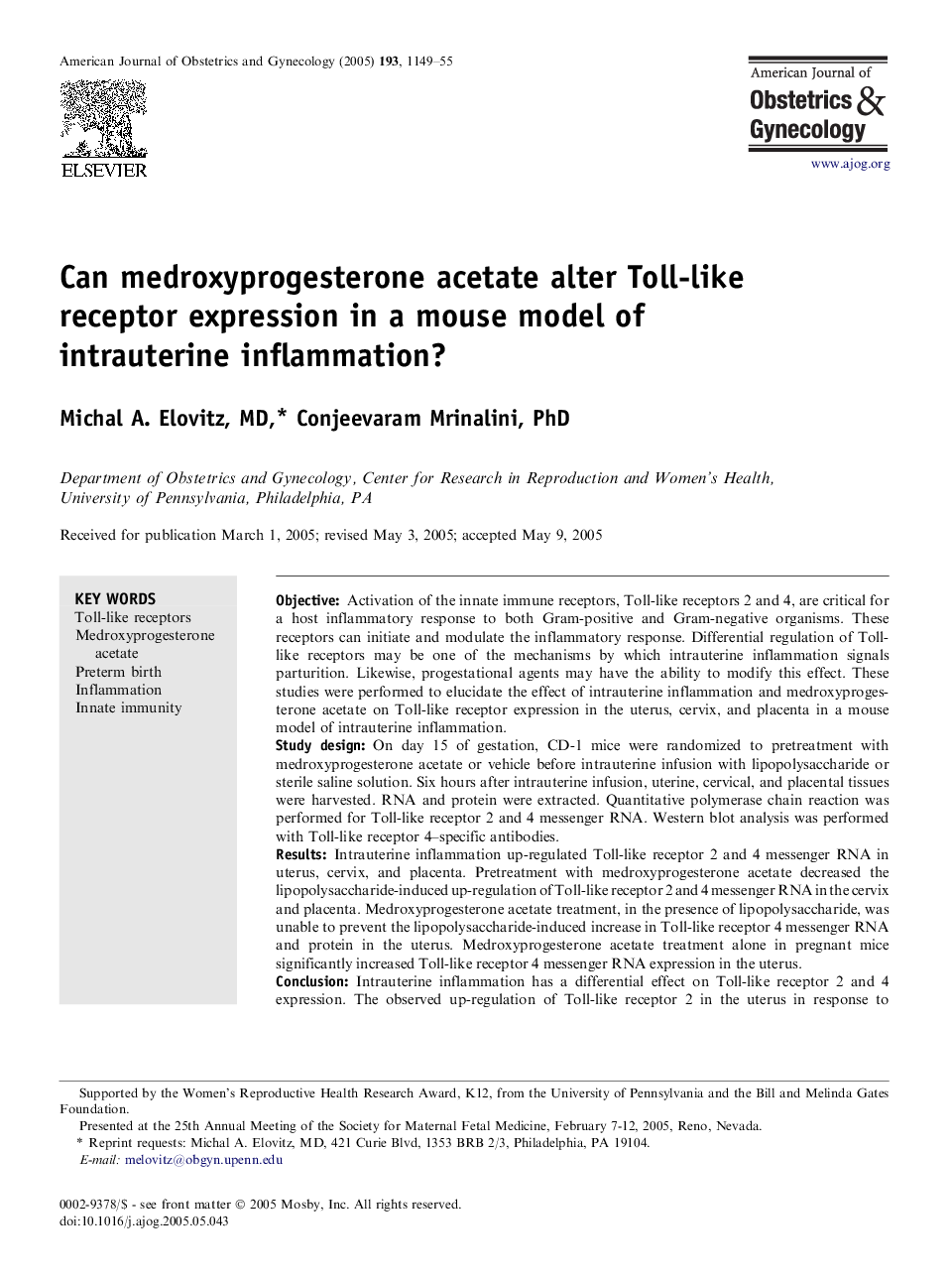 Can medroxyprogesterone acetate alter Toll-like receptor expression in a mouse model of intrauterine inflammation?