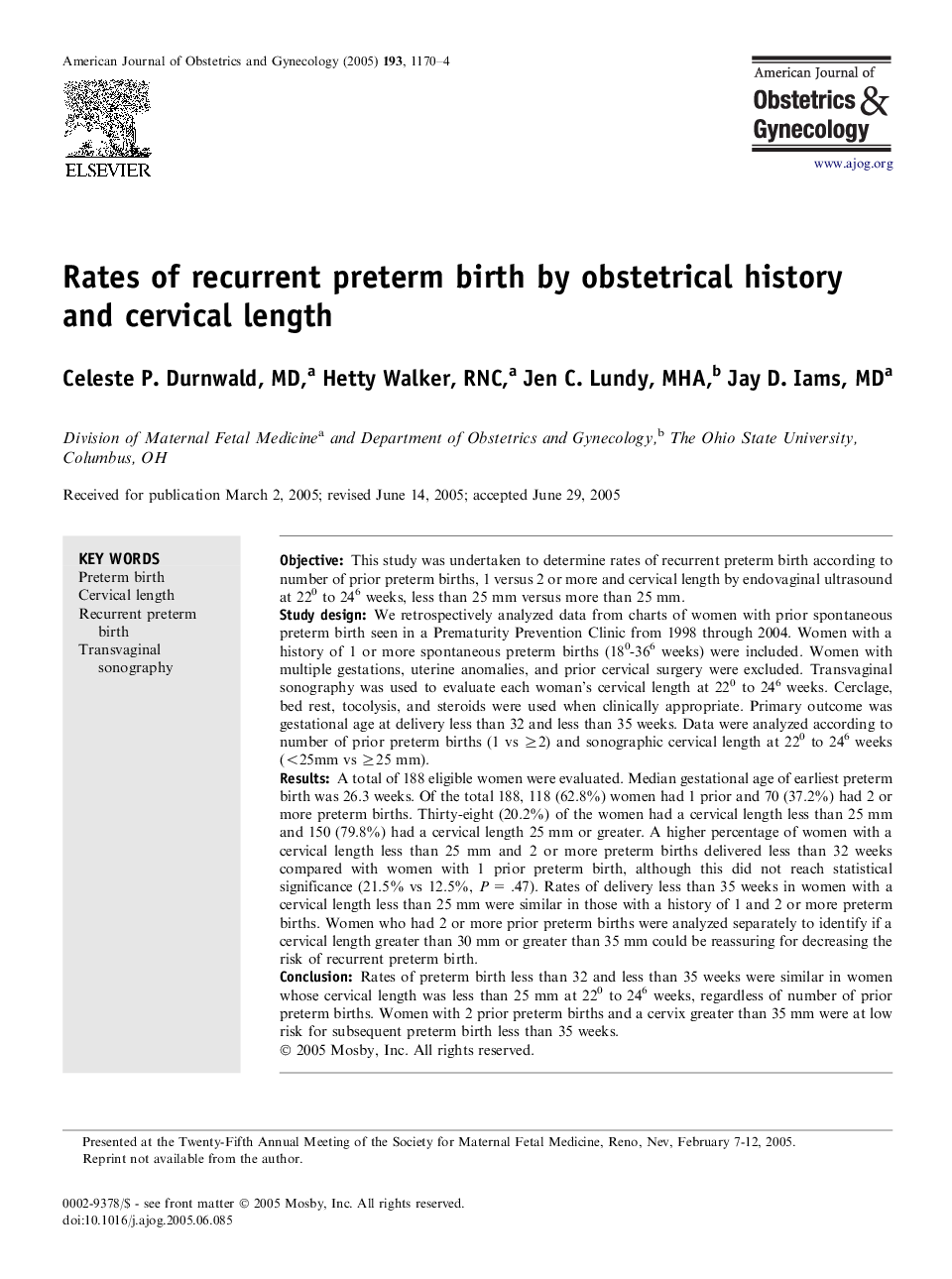 Rates of recurrent preterm birth by obstetrical history and cervical length