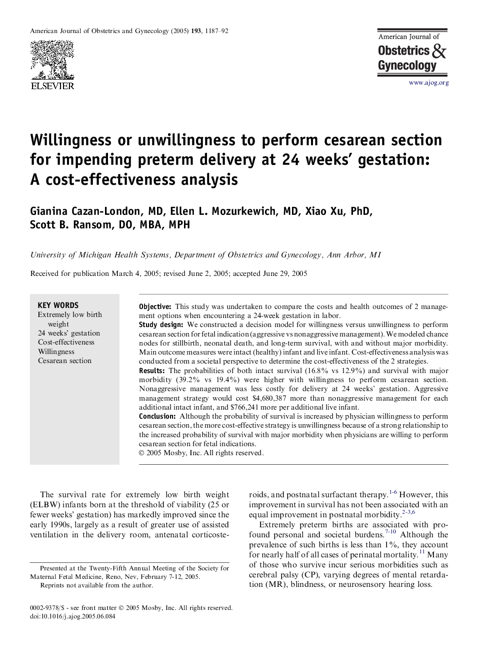 Willingness or unwillingness to perform cesarean section for impending preterm delivery at 24 weeks' gestation: A cost-effectiveness analysis