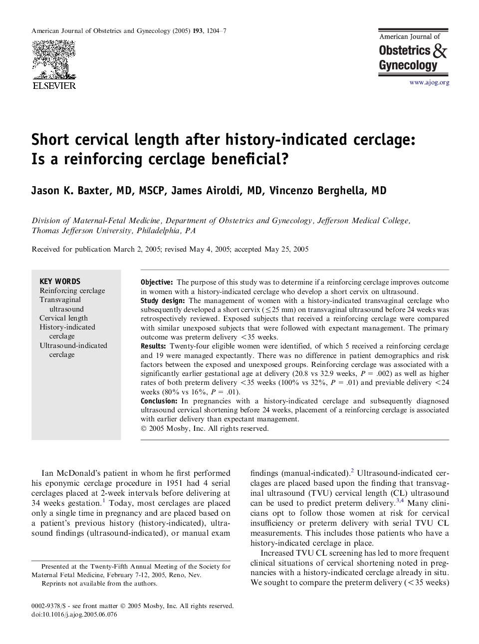 Short cervical length after history-indicated cerclage: Is a reinforcing cerclage beneficial?