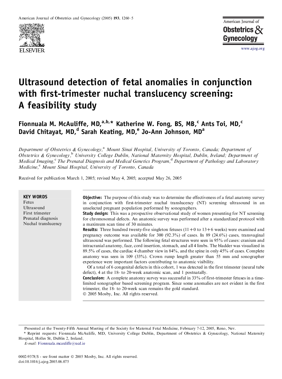 Ultrasound detection of fetal anomalies in conjunction with first-trimester nuchal translucency screening: A feasibility study