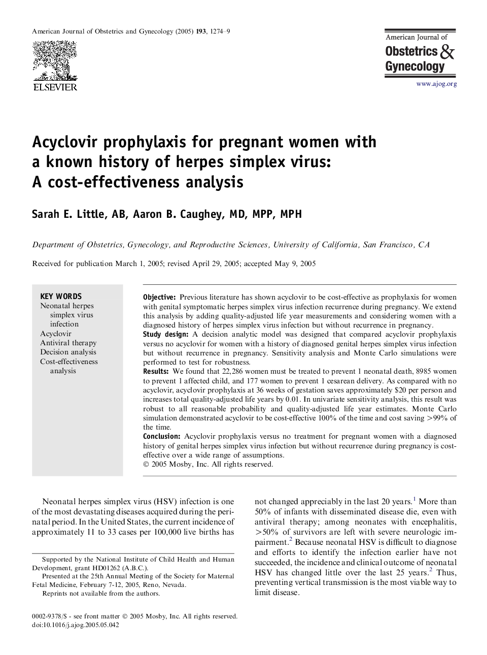 Acyclovir prophylaxis for pregnant women with a known history of herpes simplex virus: A cost-effectiveness analysis