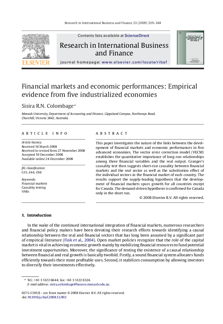 Financial markets and economic performances: Empirical evidence from five industrialized economies