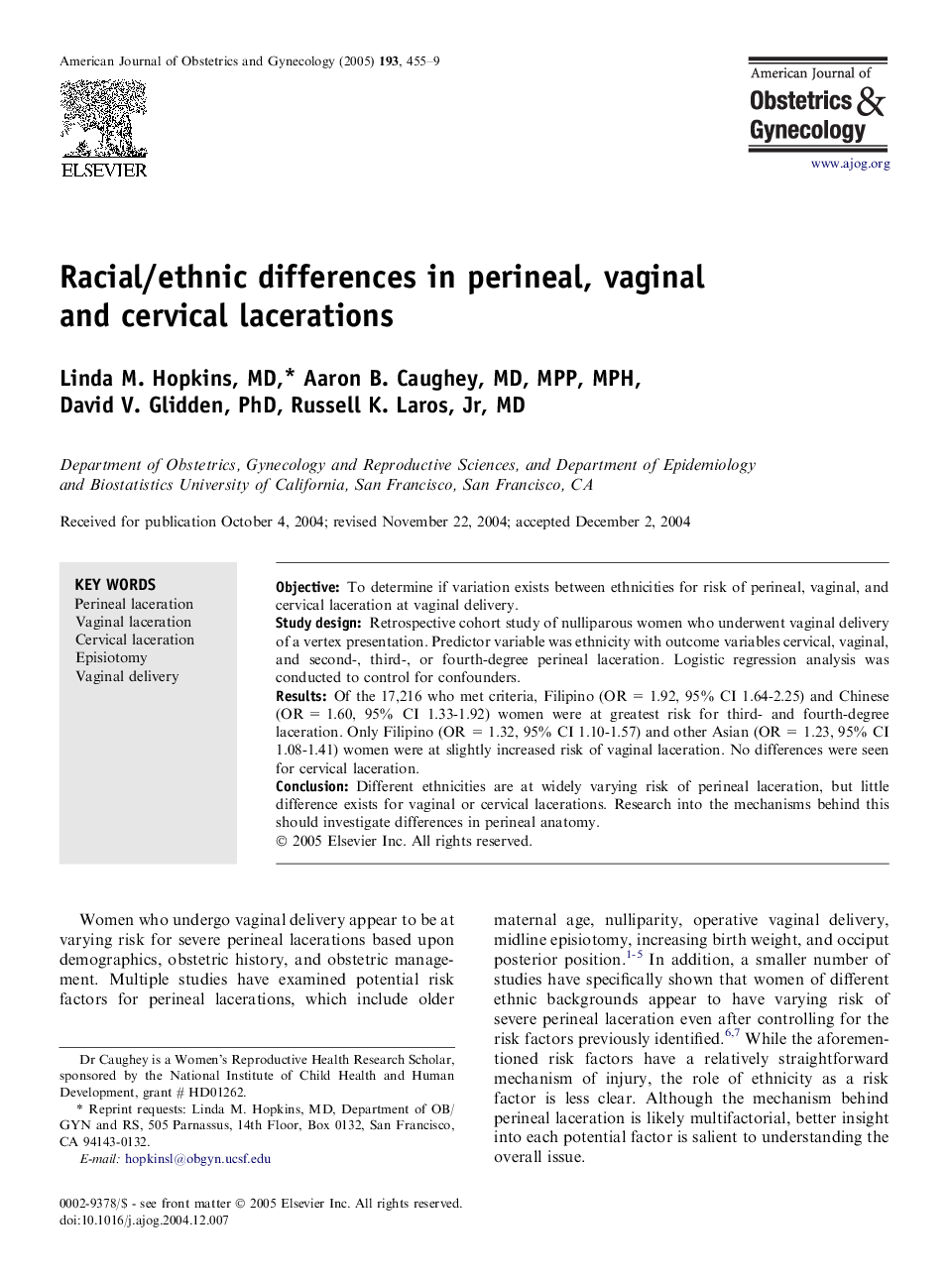 Racial/ethnic differences in perineal, vaginal and cervical lacerations