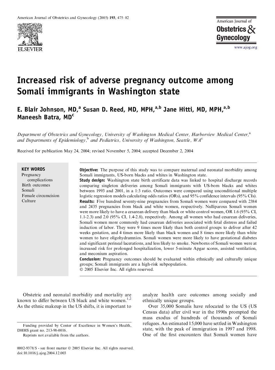 Increased risk of adverse pregnancy outcome among Somali immigrants in Washington state