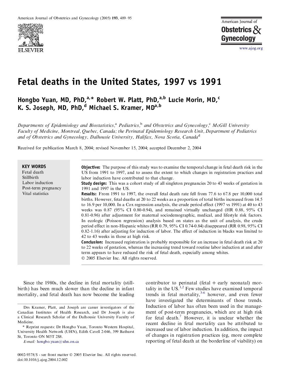 Fetal deaths in the United States, 1997 vs 1991