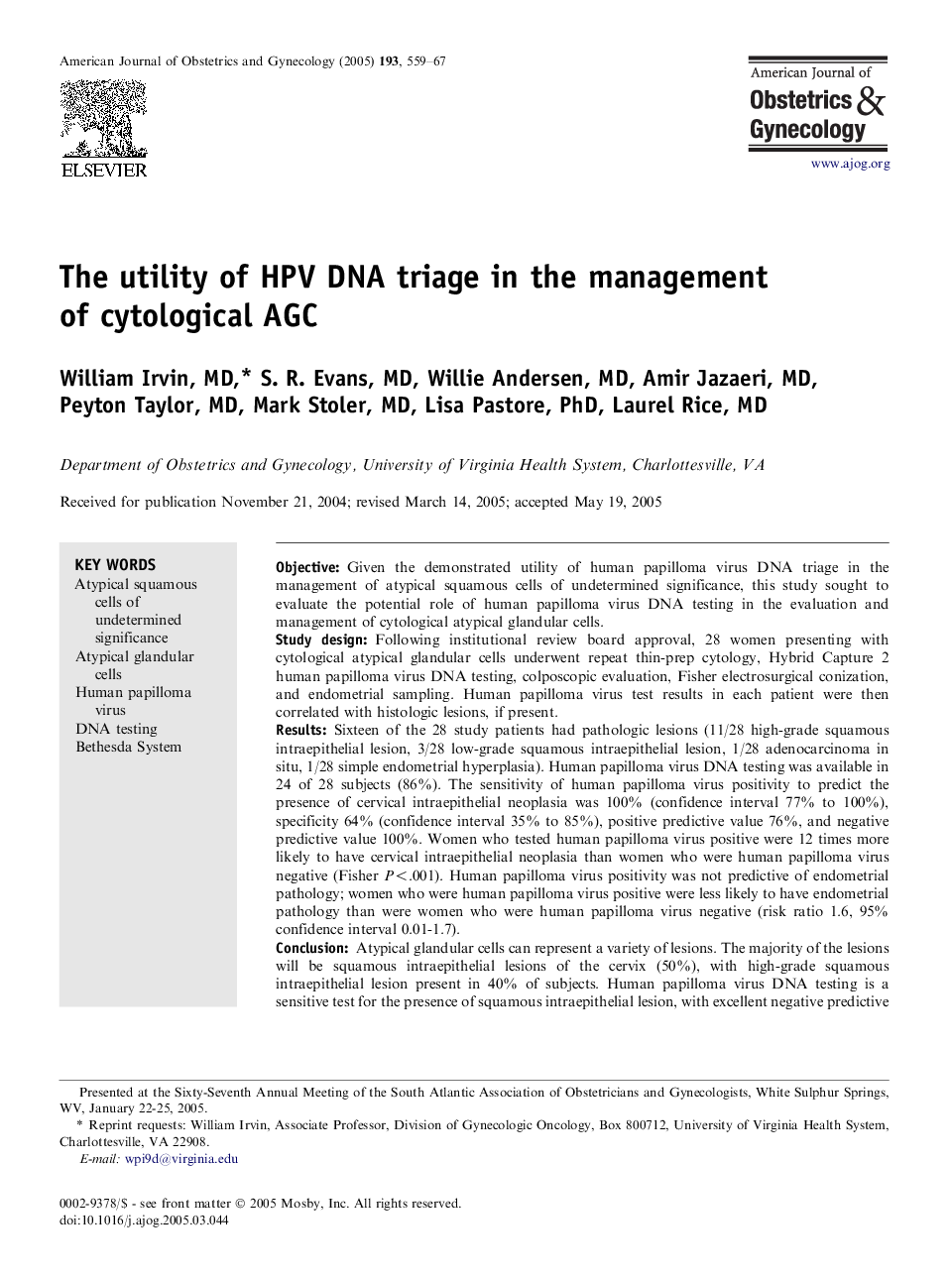 The utility of HPV DNA triage in the management of cytological AGC