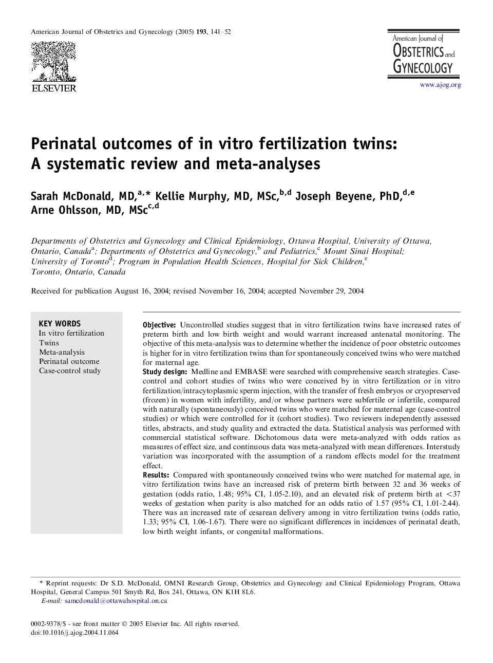 Perinatal outcomes of in vitro fertilization twins: A systematic review and meta-analyses