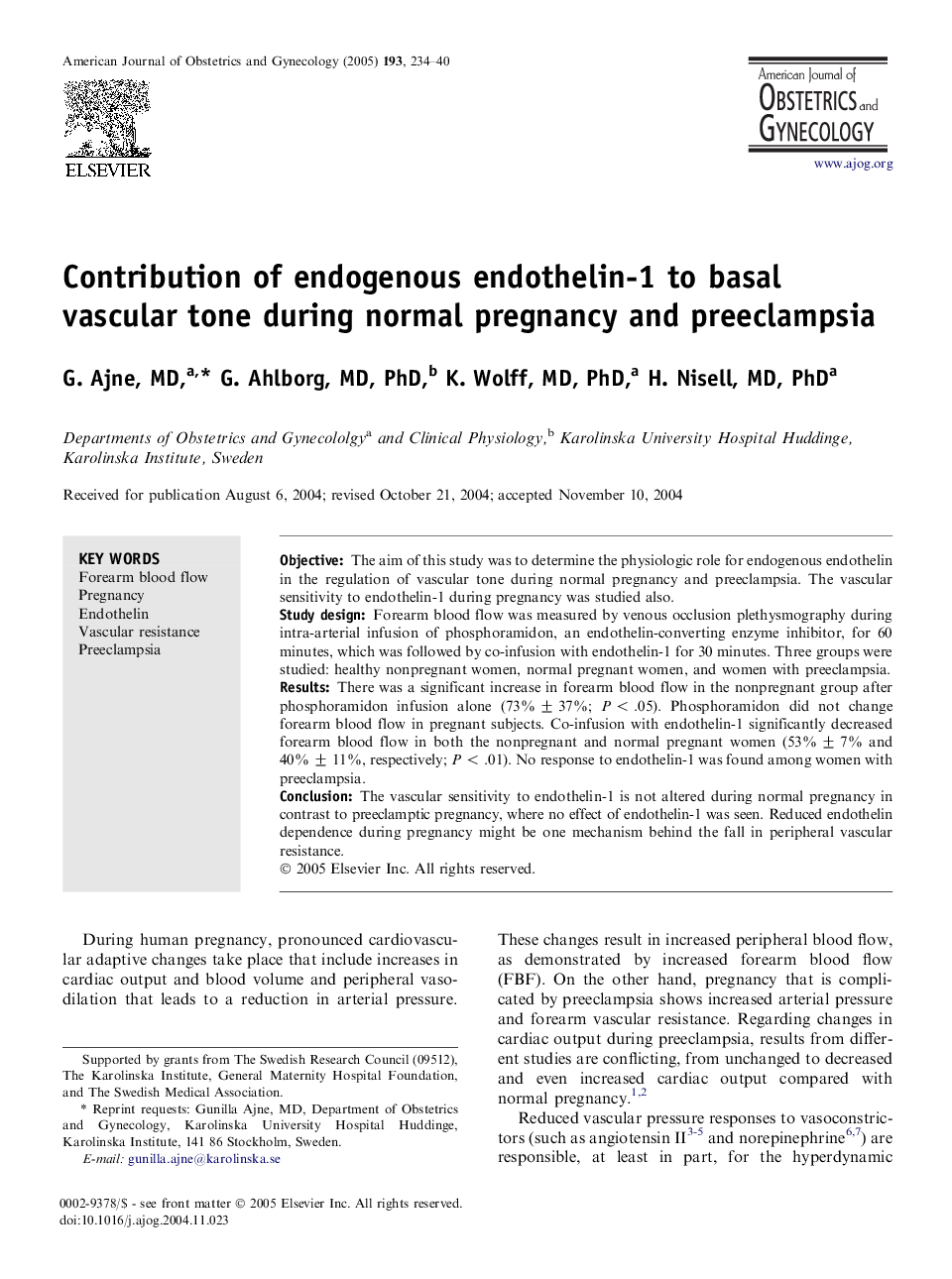 Contribution of endogenous endothelin-1 to basal vascular tone during normal pregnancy and preeclampsia