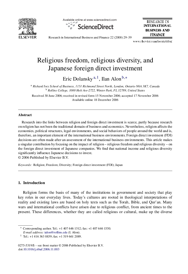 Religious freedom, religious diversity, and Japanese foreign direct investment