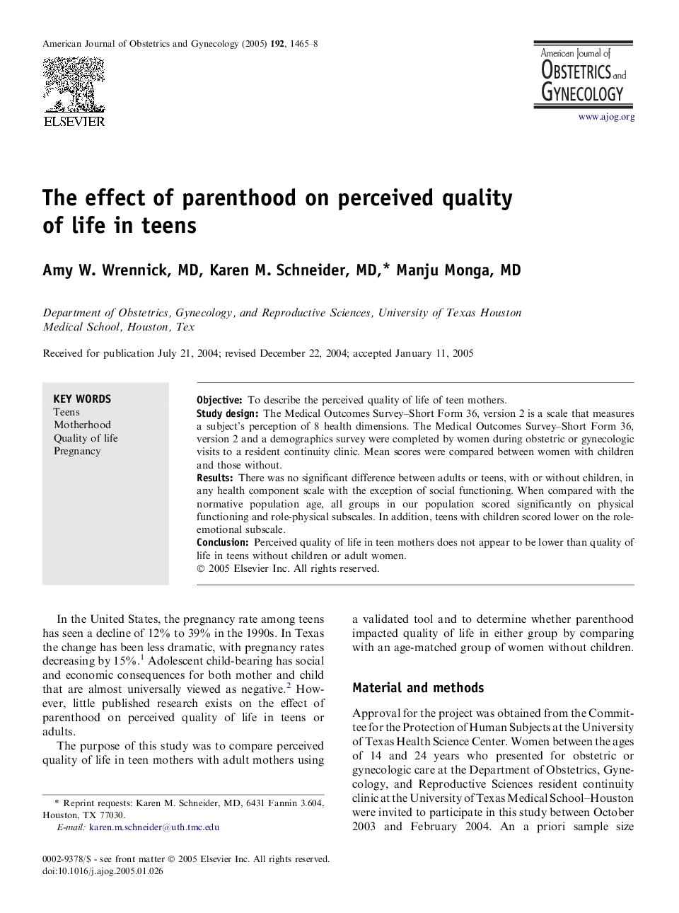 The effect of parenthood on perceived quality of life in teens