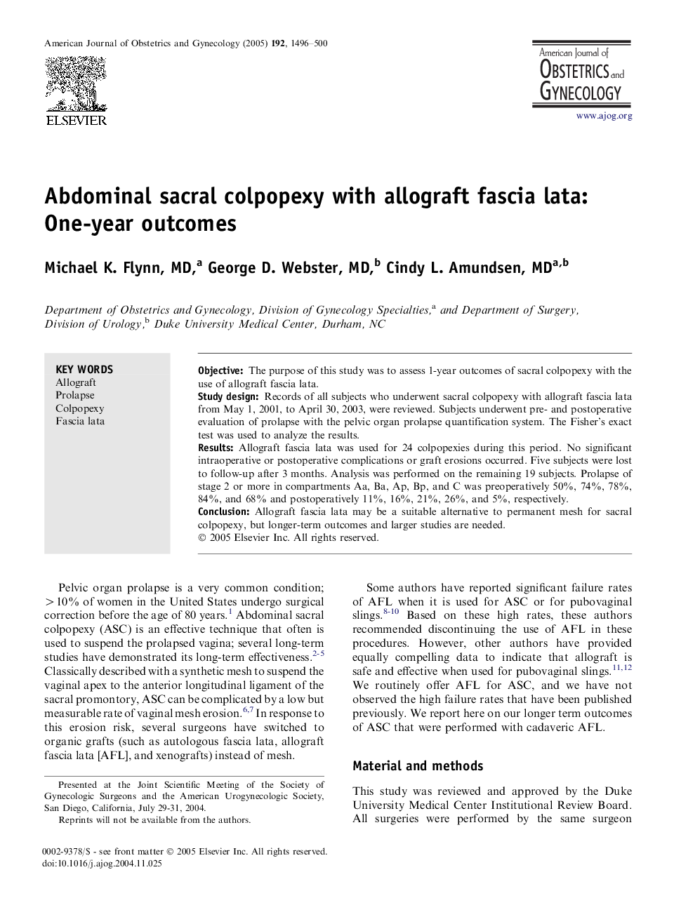 Abdominal sacral colpopexy with allograft fascia lata: One-year outcomes