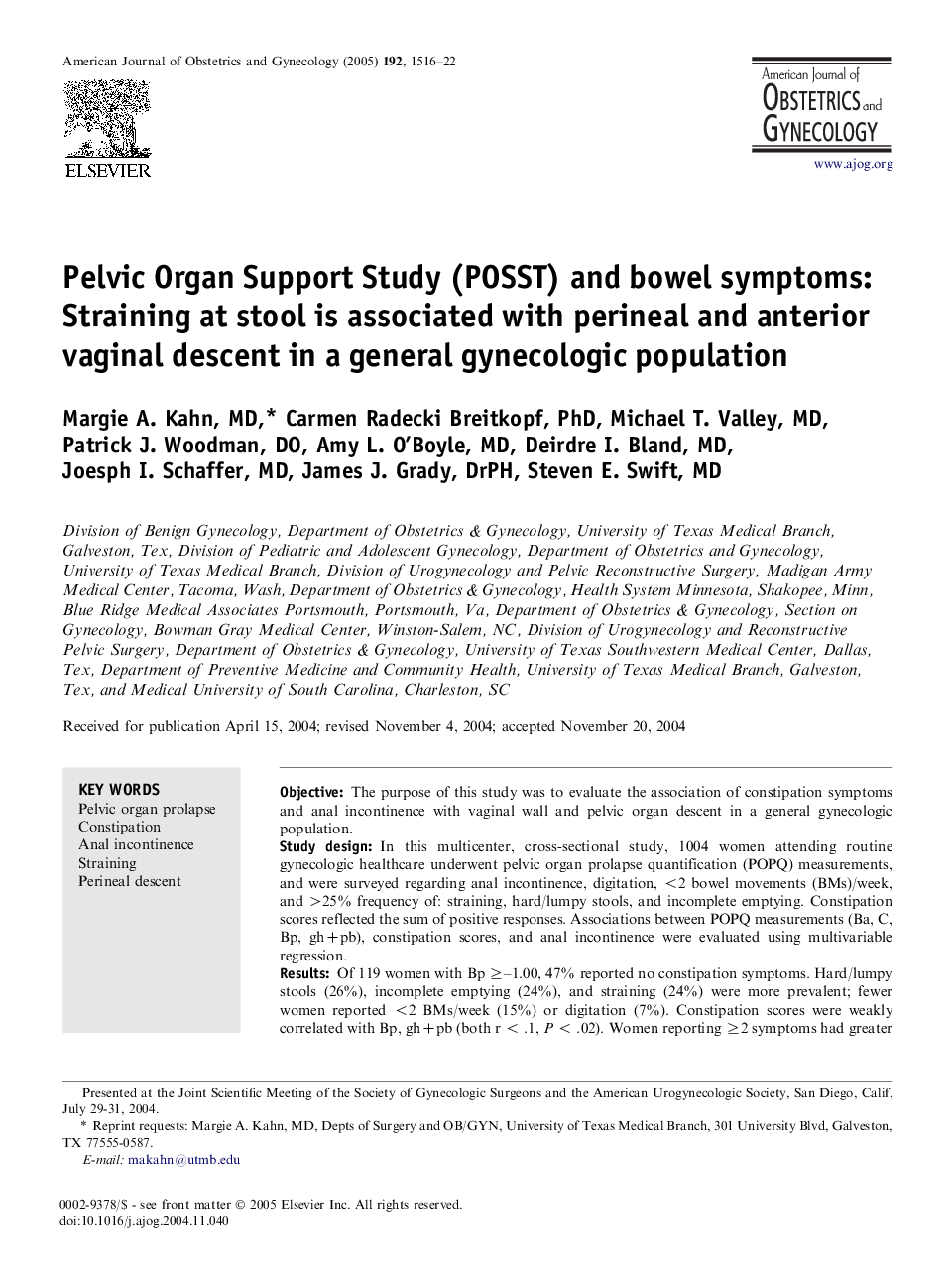 Pelvic Organ Support Study (POSST) and bowel symptoms: Straining at stool is associated with perineal and anterior vaginal descent in a general gynecologic population