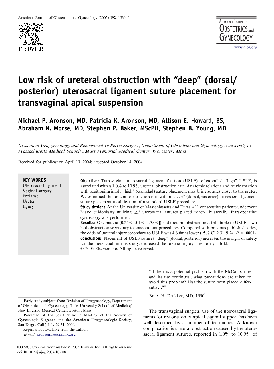 Low risk of ureteral obstruction with “deep” (dorsal/posterior) uterosacral ligament suture placement for transvaginal apical suspension