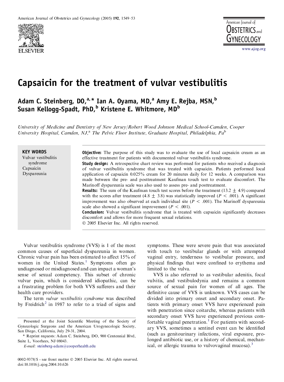 Capsaicin for the treatment of vulvar vestibulitis