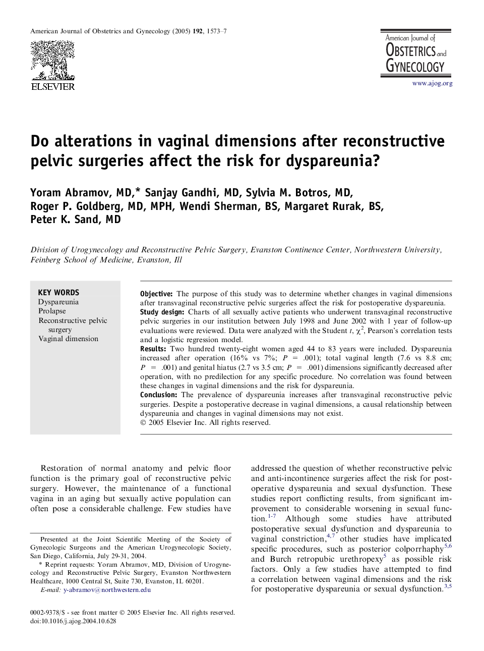 Do alterations in vaginal dimensions after reconstructive pelvic surgeries affect the risk for dyspareunia?