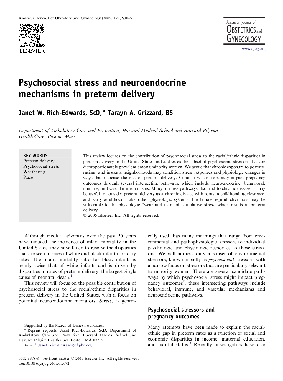 Psychosocial stress and neuroendocrine mechanisms in preterm delivery