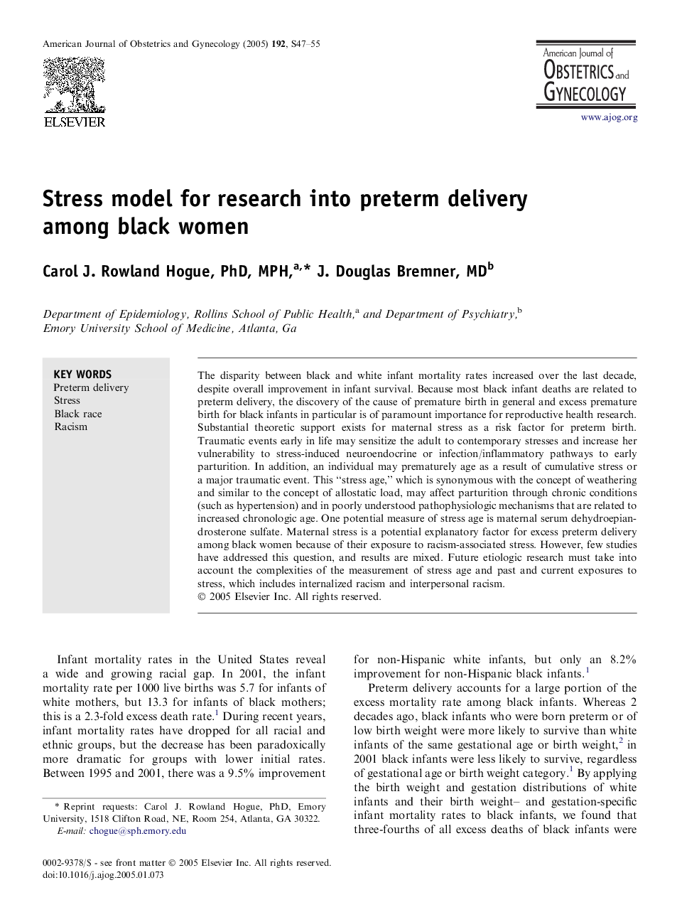 Stress model for research into preterm delivery among black women