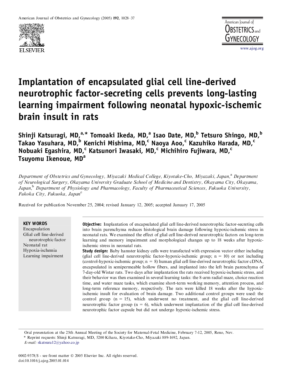 Implantation of encapsulated glial cell line-derived neurotrophic factor-secreting cells prevents long-lasting learning impairment following neonatal hypoxic-ischemic brain insult in rats