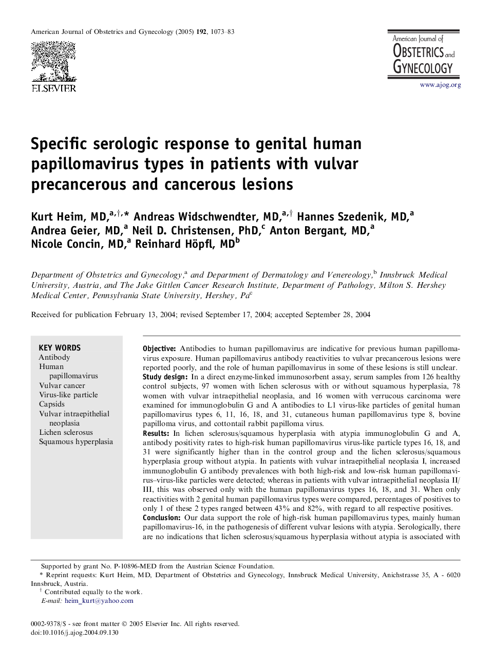 Specific serologic response to genital human papillomavirus types in patients with vulvar precancerous and cancerous lesions