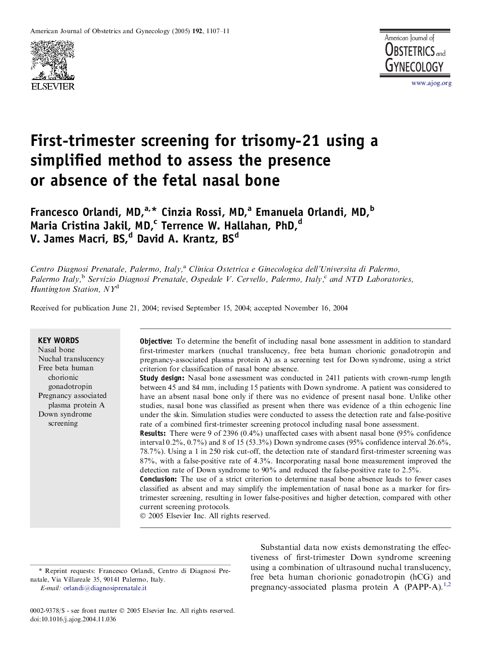 First-trimester screening for trisomy-21 using a simplified method to assess the presence or absence of the fetal nasal bone