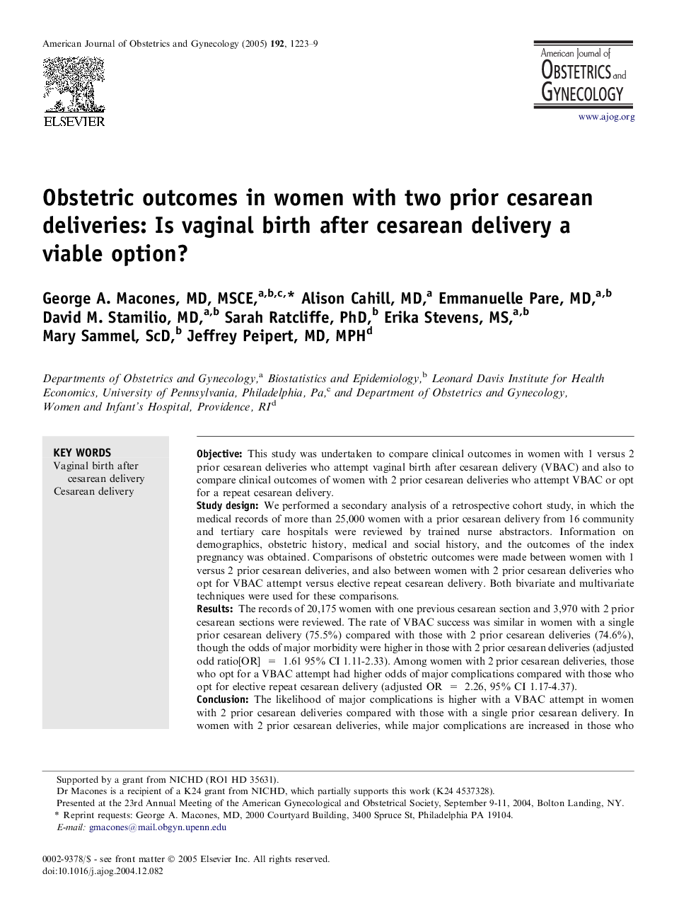 Obstetric outcomes in women with two prior cesarean deliveries: Is vaginal birth after cesarean delivery a viable option?