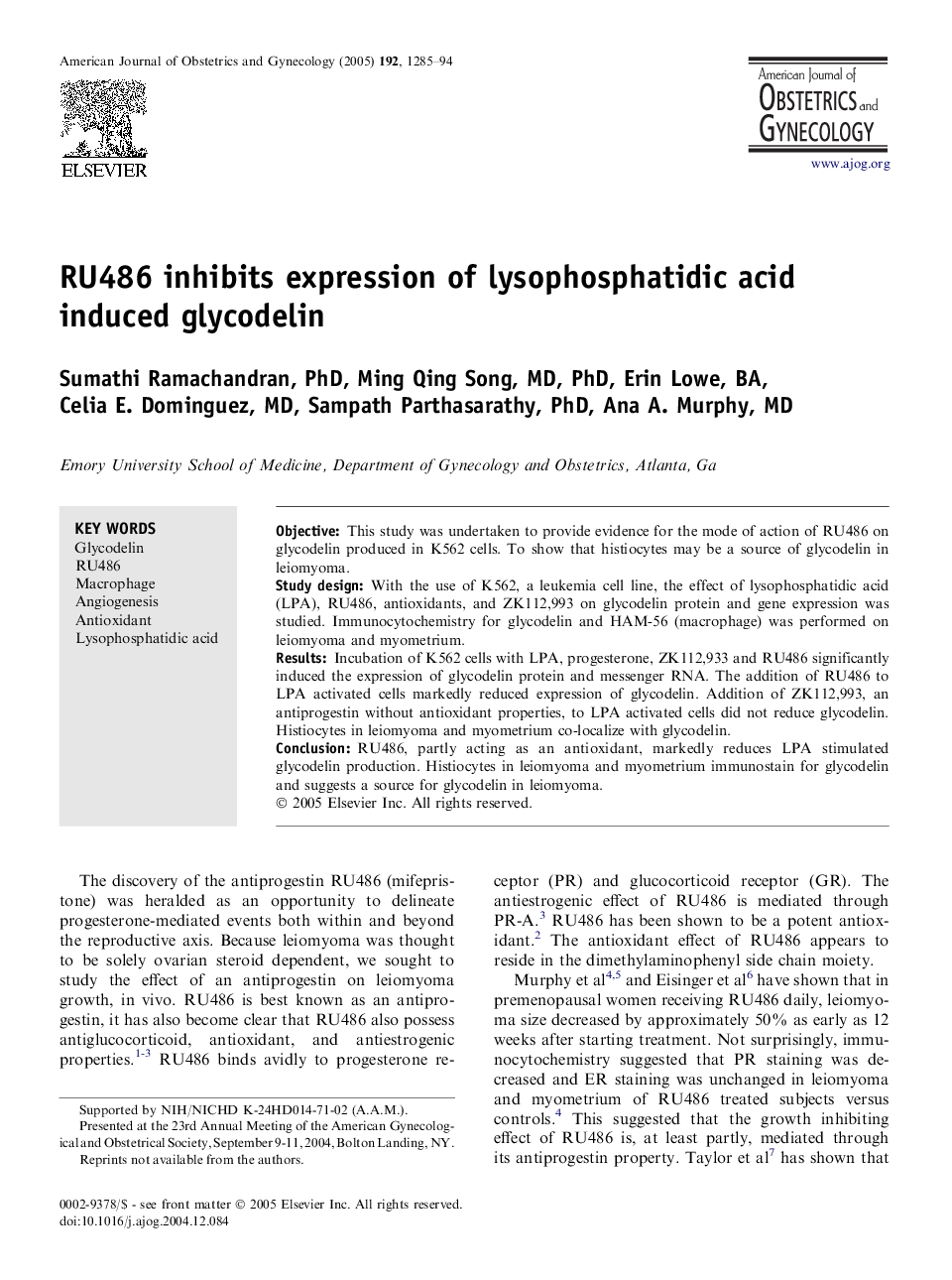 RU486 inhibits expression of lysophosphatidic acid induced glycodelin