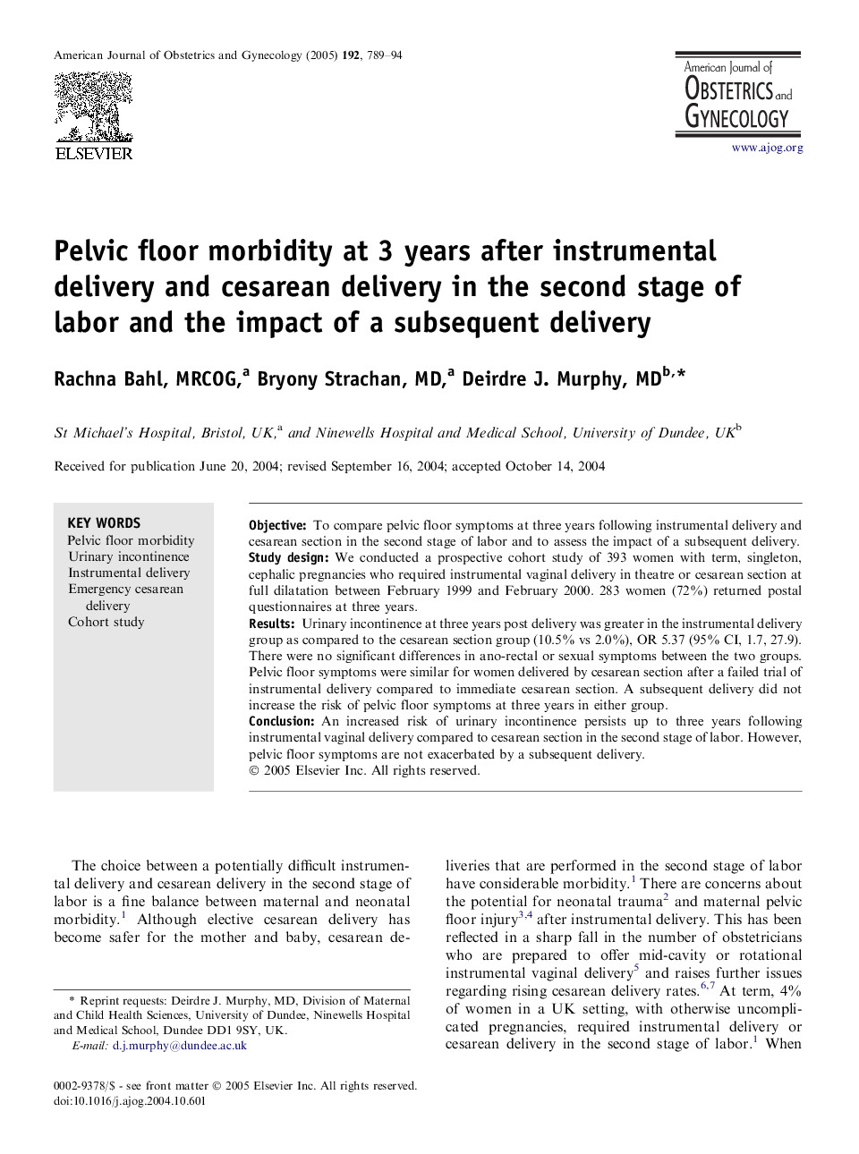 Pelvic floor morbidity at 3 years after instrumental delivery and cesarean delivery in the second stage of labor and the impact of a subsequent delivery
