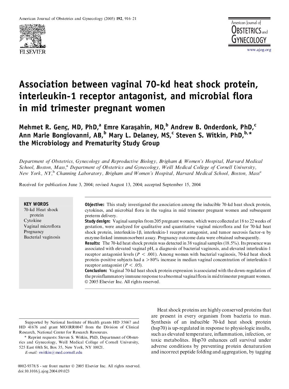 Association between vaginal 70-kd heat shock protein, interleukin-1 receptor antagonist, and microbial flora in mid trimester pregnant women