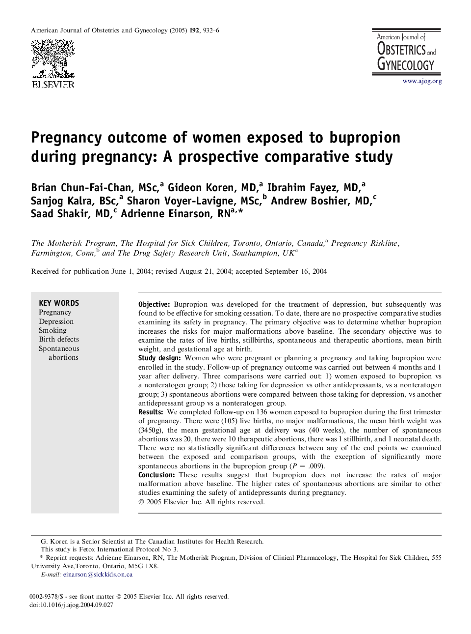 Pregnancy outcome of women exposed to bupropion during pregnancy: A prospective comparative study