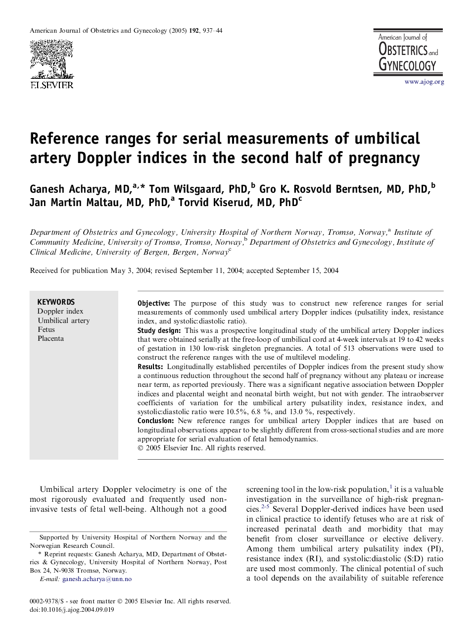 Reference ranges for serial measurements of umbilical artery Doppler indices in the second half of pregnancy