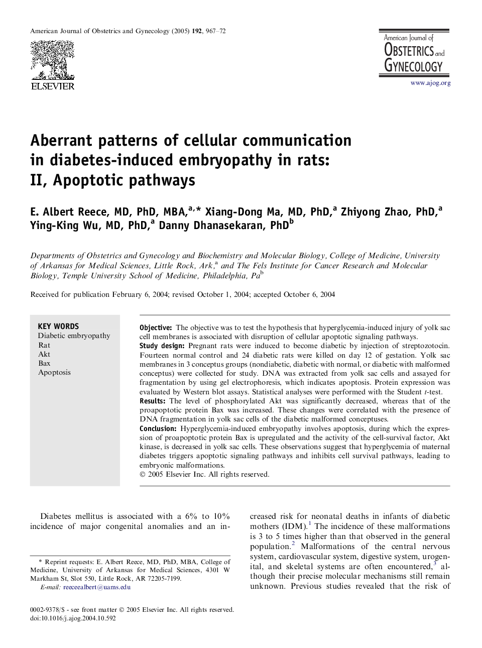 Aberrant patterns of cellular communication in diabetes-induced embryopathy in rats: II, Apoptotic pathways