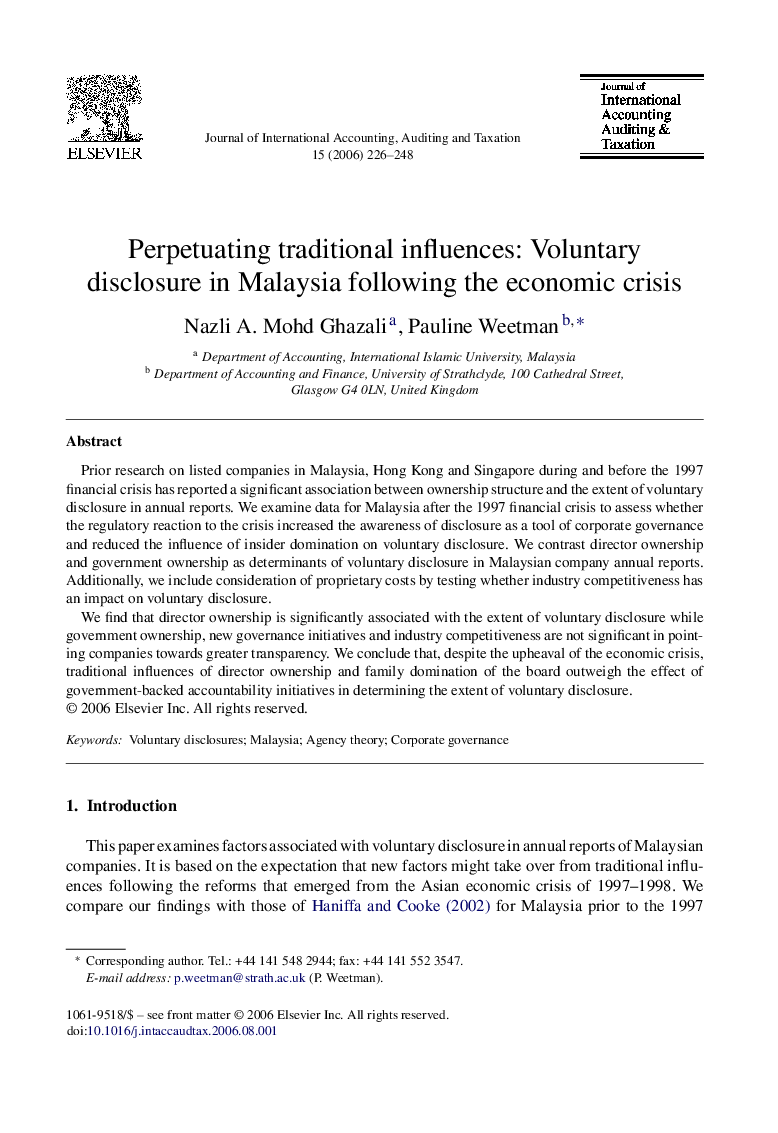 Perpetuating traditional influences: Voluntary disclosure in Malaysia following the economic crisis