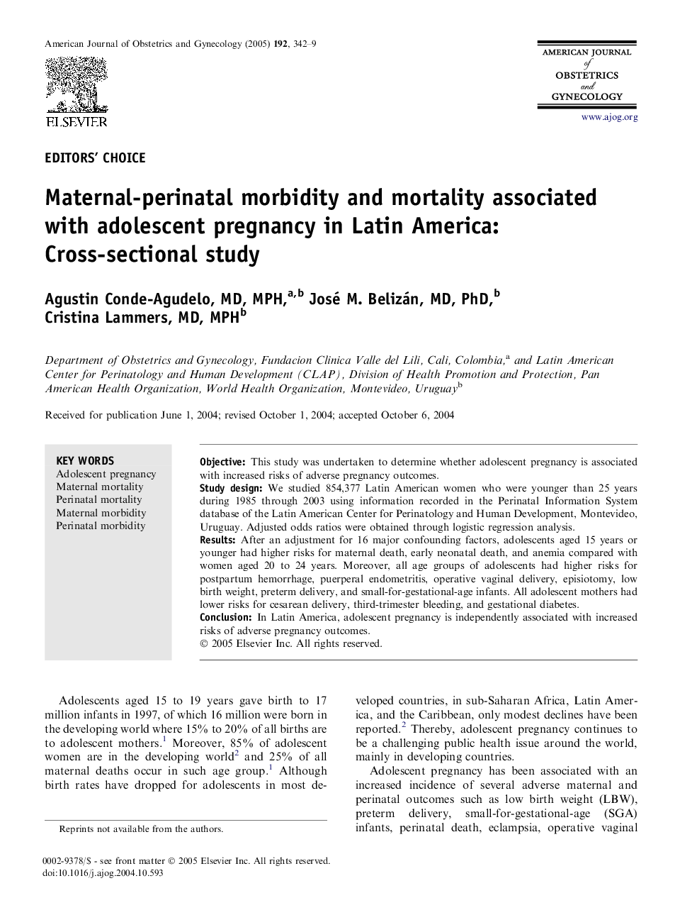 Maternal-perinatal morbidity and mortality associated with adolescent pregnancy in Latin America: Cross-sectional study