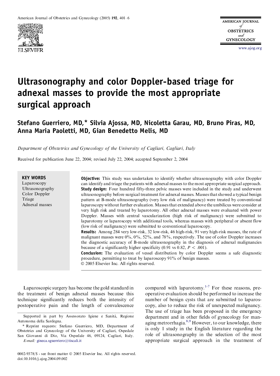 Ultrasonography and color Doppler-based triage for adnexal masses to provide the most appropriate surgical approach