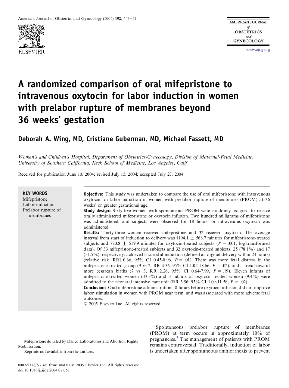 A randomized comparison of oral mifepristone to intravenous oxytocin for labor induction in women with prelabor rupture of membranes beyond 36 weeks' gestation