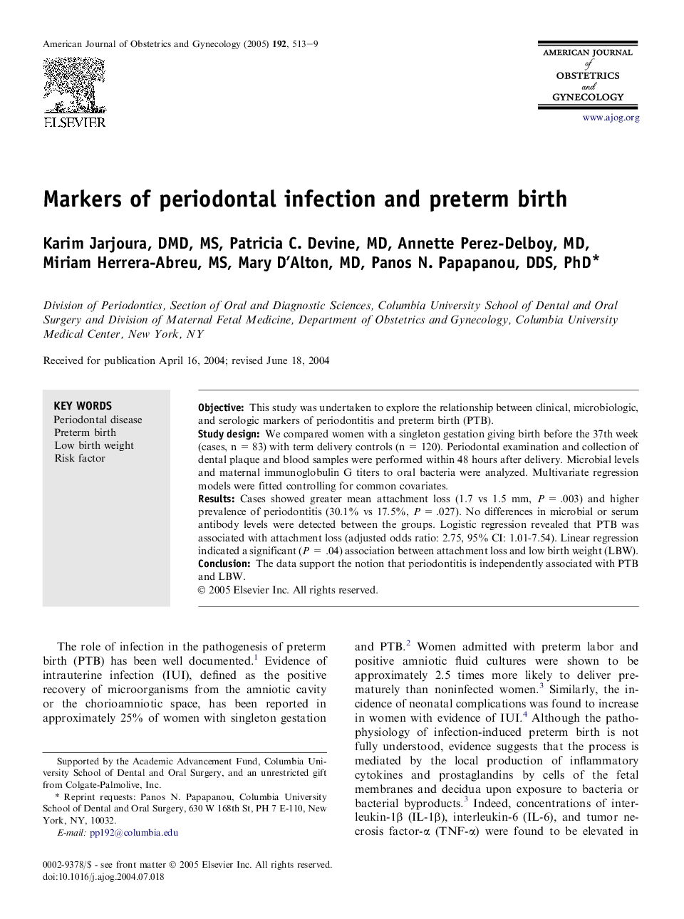 Markers of periodontal infection and preterm birth