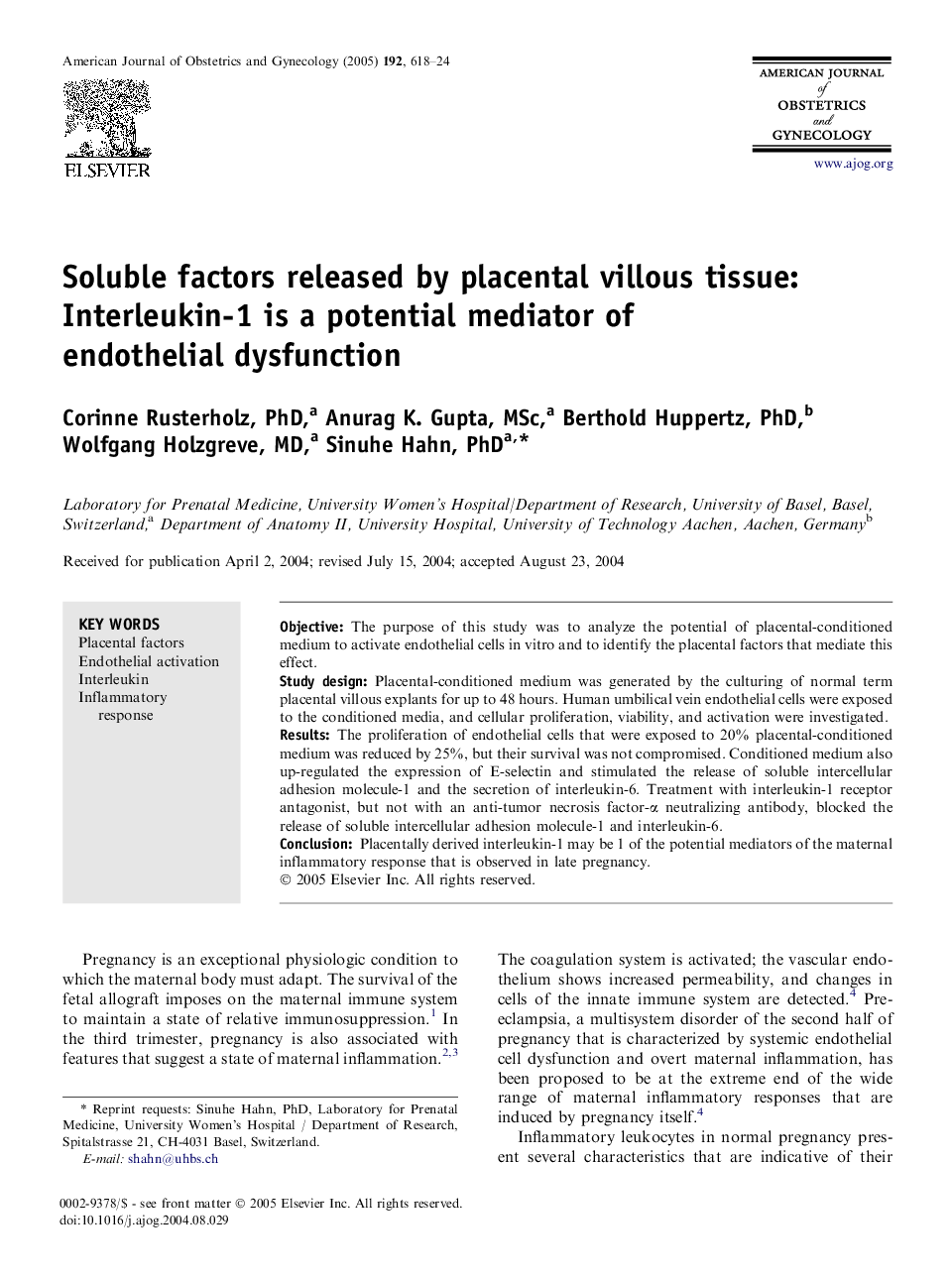 Soluble factors released by placental villous tissue: Interleukin-1 is a potential mediator of endothelial dysfunction