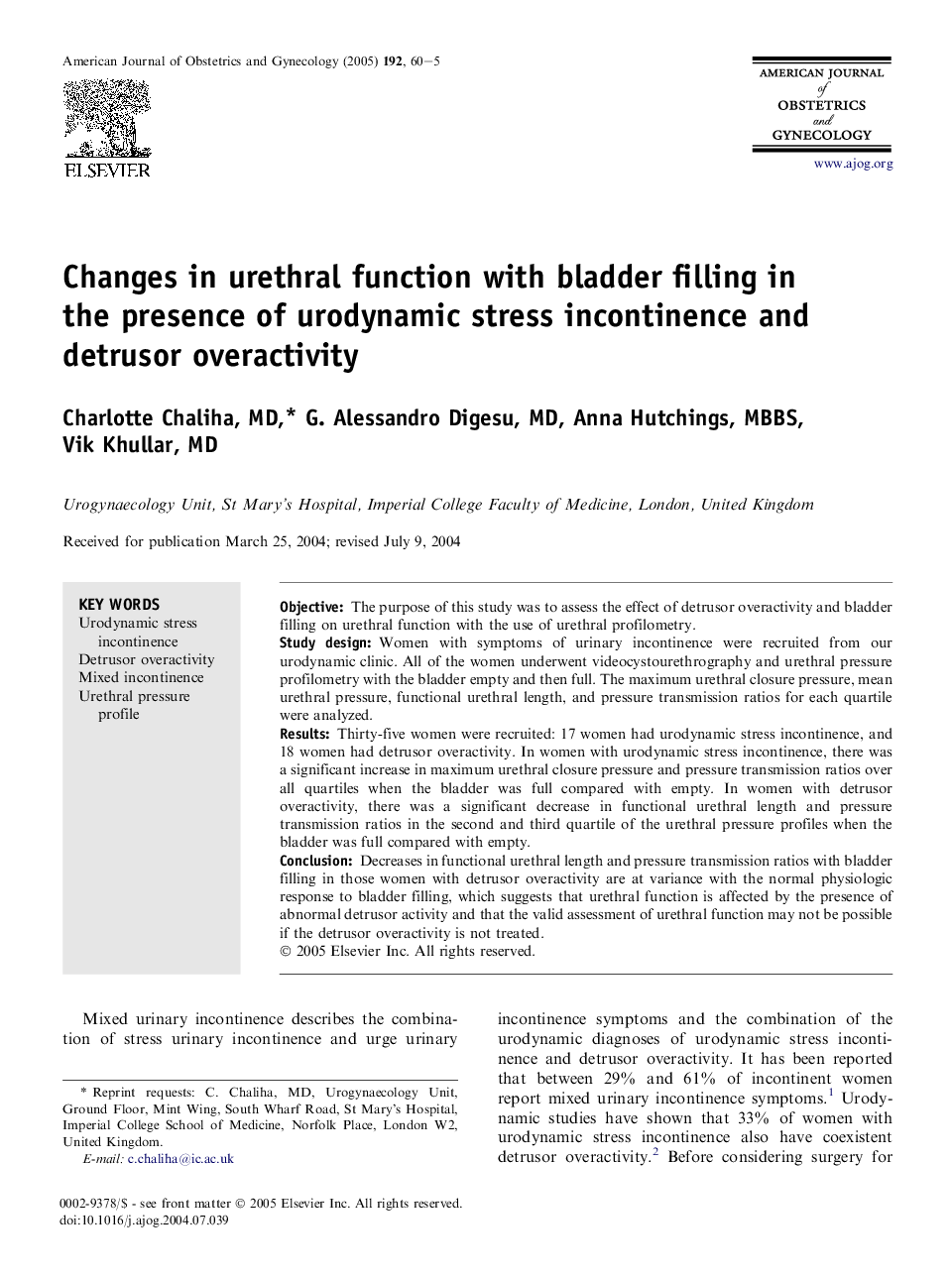 Changes in urethral function with bladder filling in the presence of urodynamic stress incontinence and detrusor overactivity