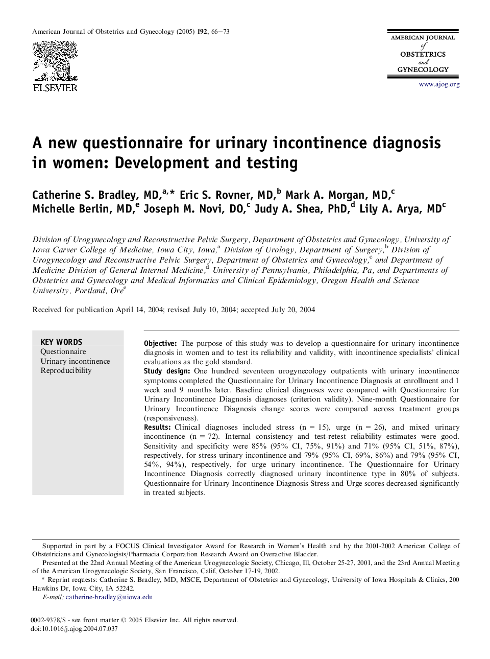 A new questionnaire for urinary incontinence diagnosis in women: Development and testing