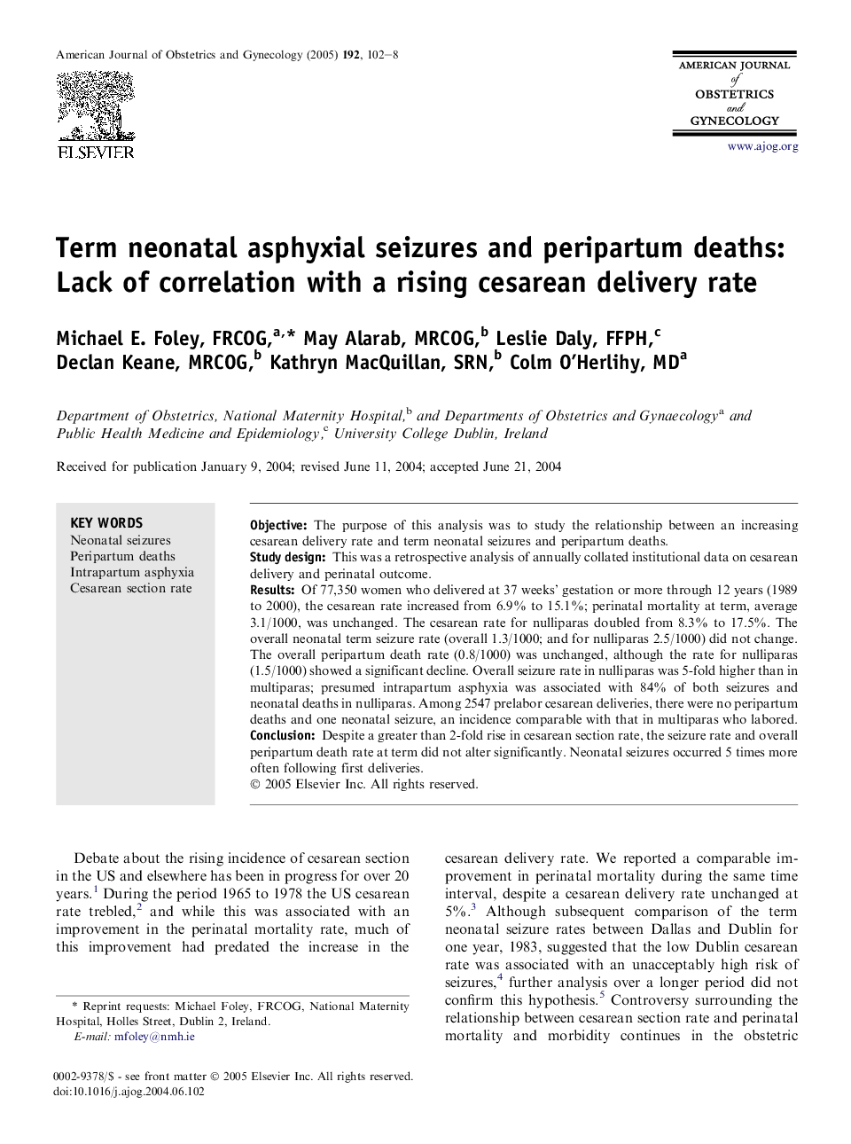 Term neonatal asphyxial seizures and peripartum deaths: Lack of correlation with a rising cesarean delivery rate