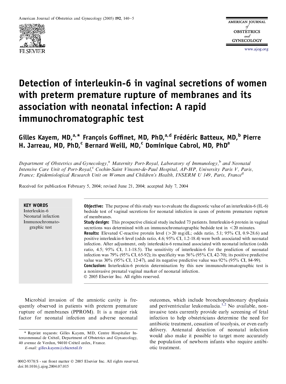 Detection of interleukin-6 in vaginal secretions of women with preterm premature rupture of membranes and its association with neonatal infection: A rapid immunochromatographic test