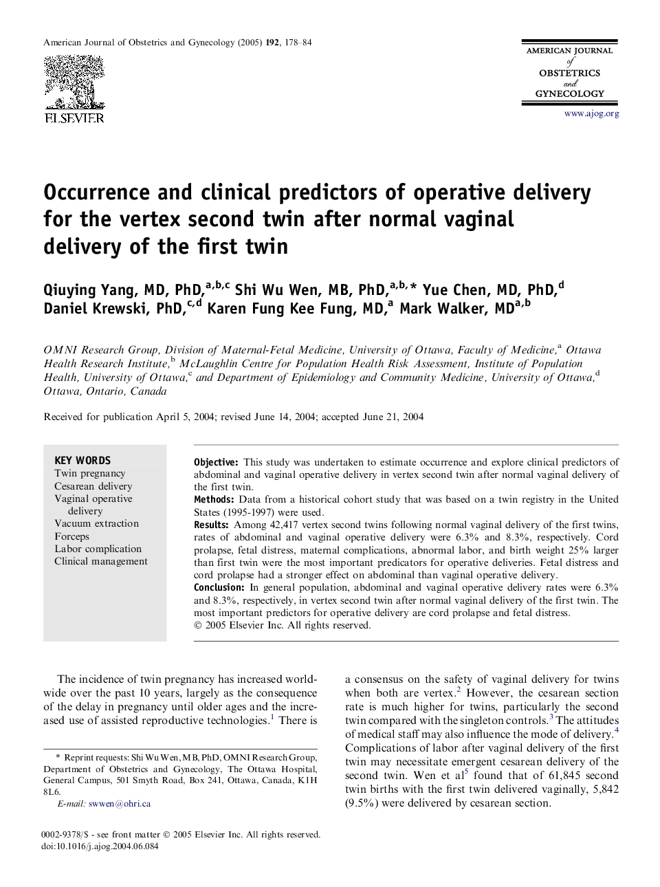 Occurrence and clinical predictors of operative delivery for the vertex second twin after normal vaginal delivery of the first twin