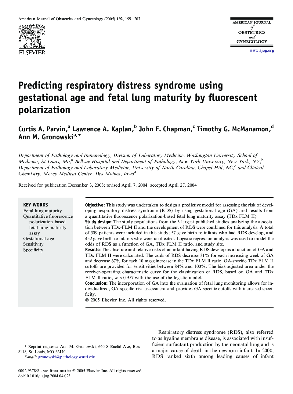 Predicting respiratory distress syndrome using gestational age and fetal lung maturity by fluorescent polarization