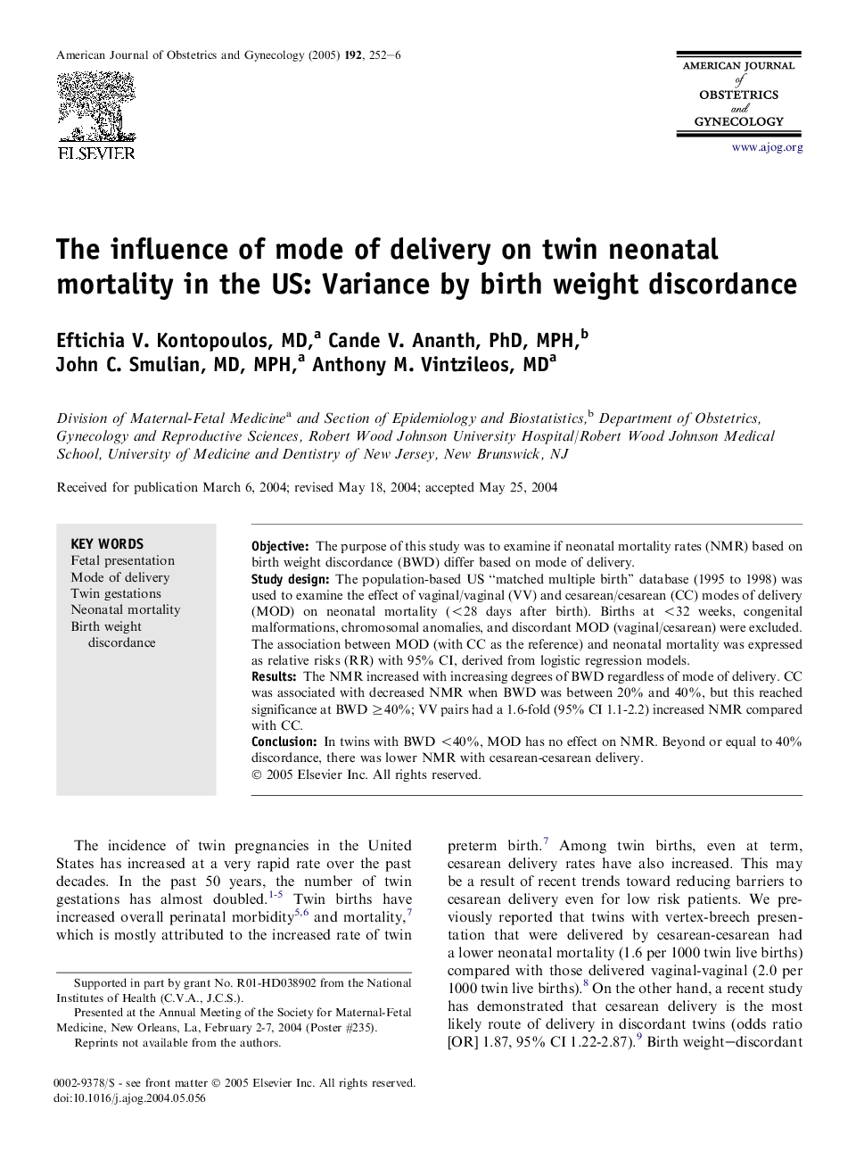 The influence of mode of delivery on twin neonatal mortality in the US: Variance by birth weight discordance