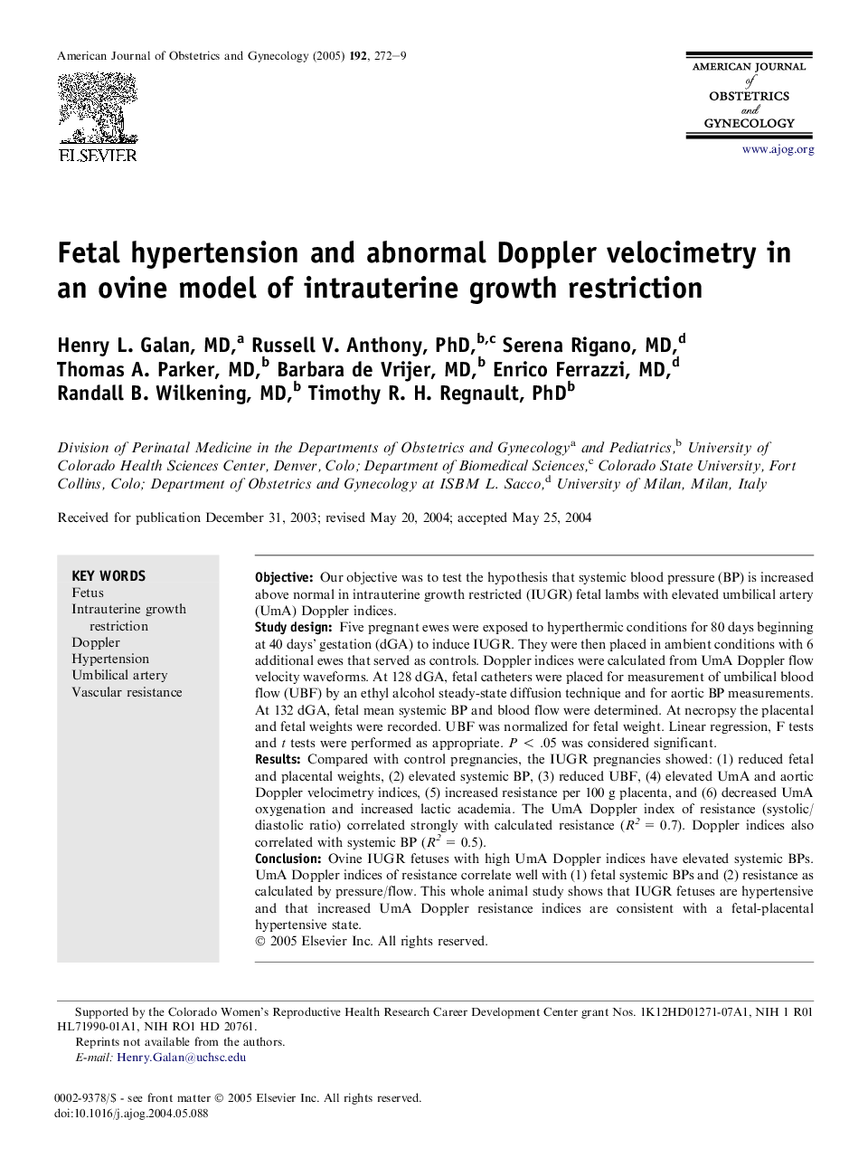 Fetal hypertension and abnormal Doppler velocimetry in an ovine model of intrauterine growth restriction