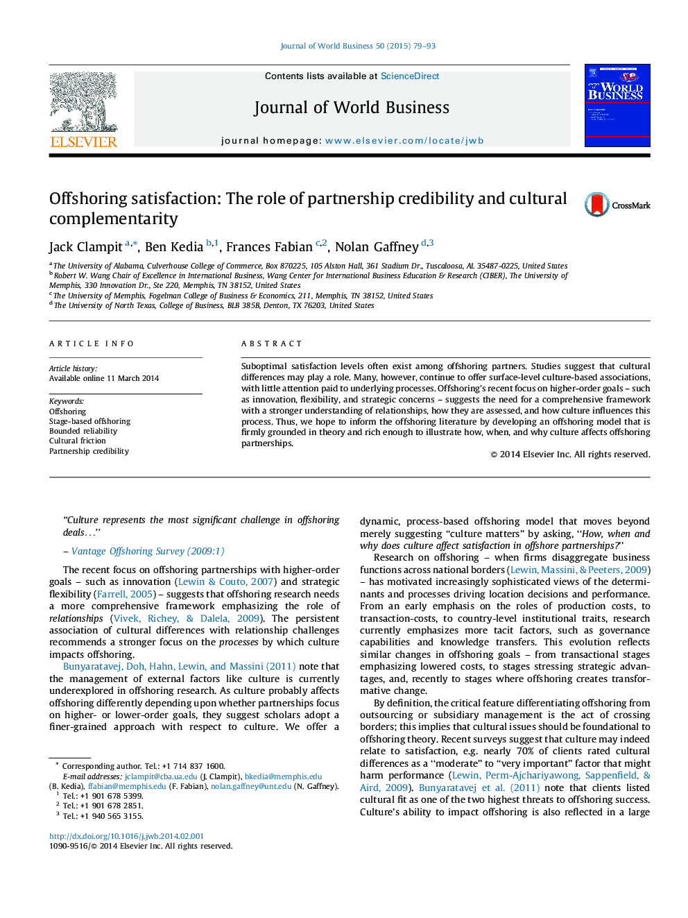 Offshoring satisfaction: The role of partnership credibility and cultural complementarity