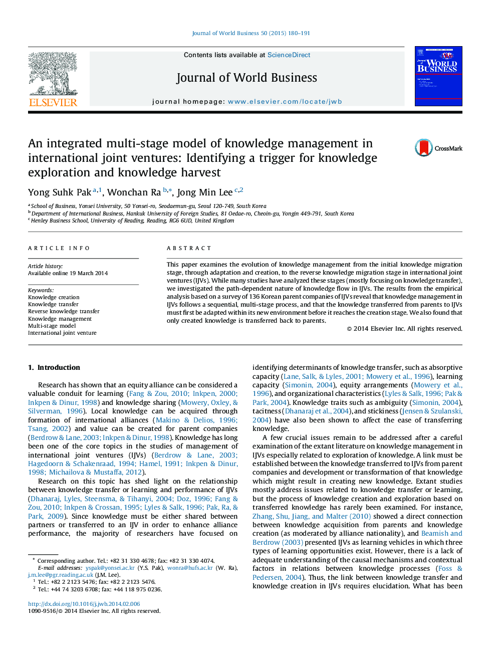 An integrated multi-stage model of knowledge management in international joint ventures: Identifying a trigger for knowledge exploration and knowledge harvest