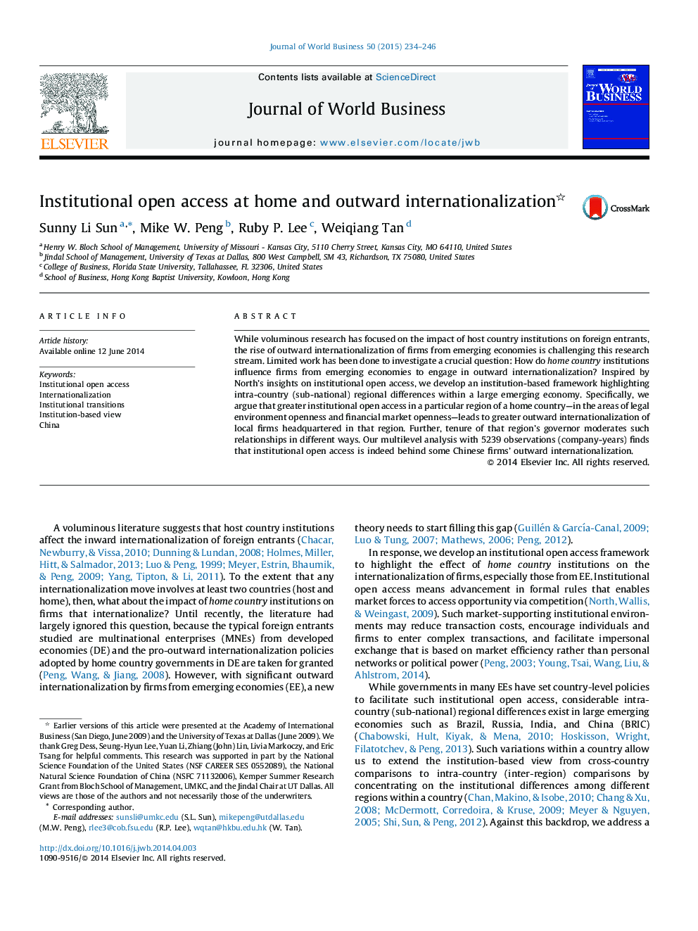 Institutional open access at home and outward internationalization 